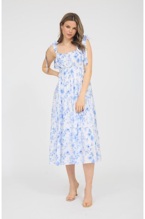 August Sky Dresses & Skirts - August Sky Shoulder Tie Floral Midi Dress NWT M Blue Multi Cottagecore Preppy